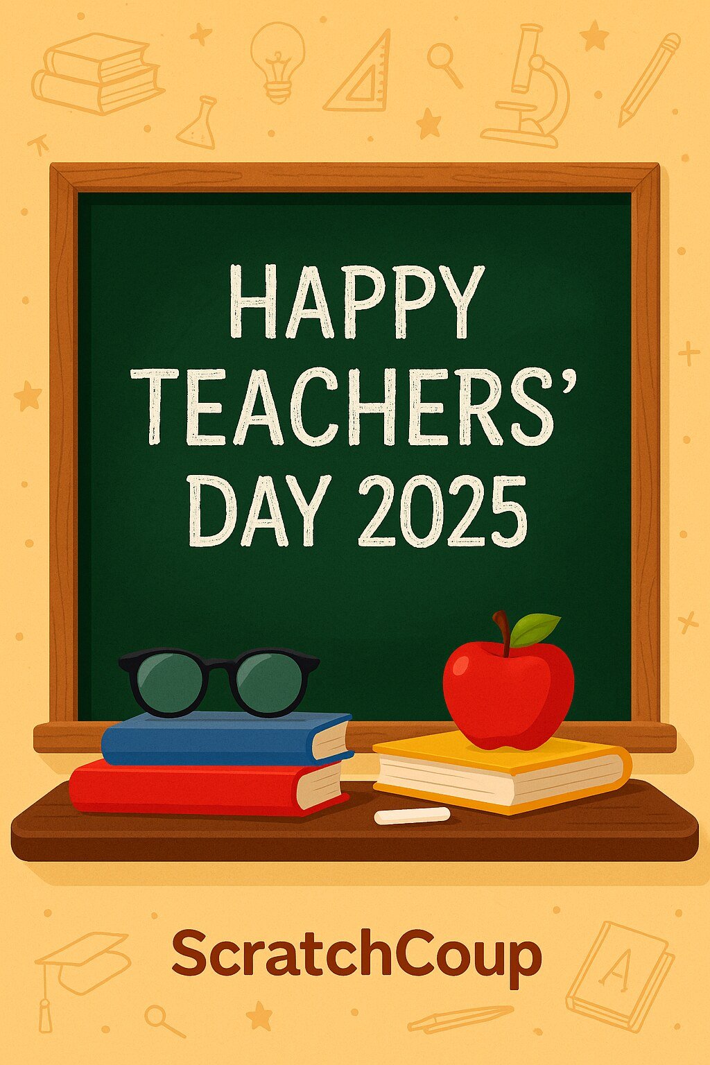 Teachers’ Day Wishes 3 A festive Teachers’ Day 2025 image with chalkboard, books, apple, glasses, and flowers, featuring the text “Happy Teachers’ Day 2025” and ScratchCoup branding.