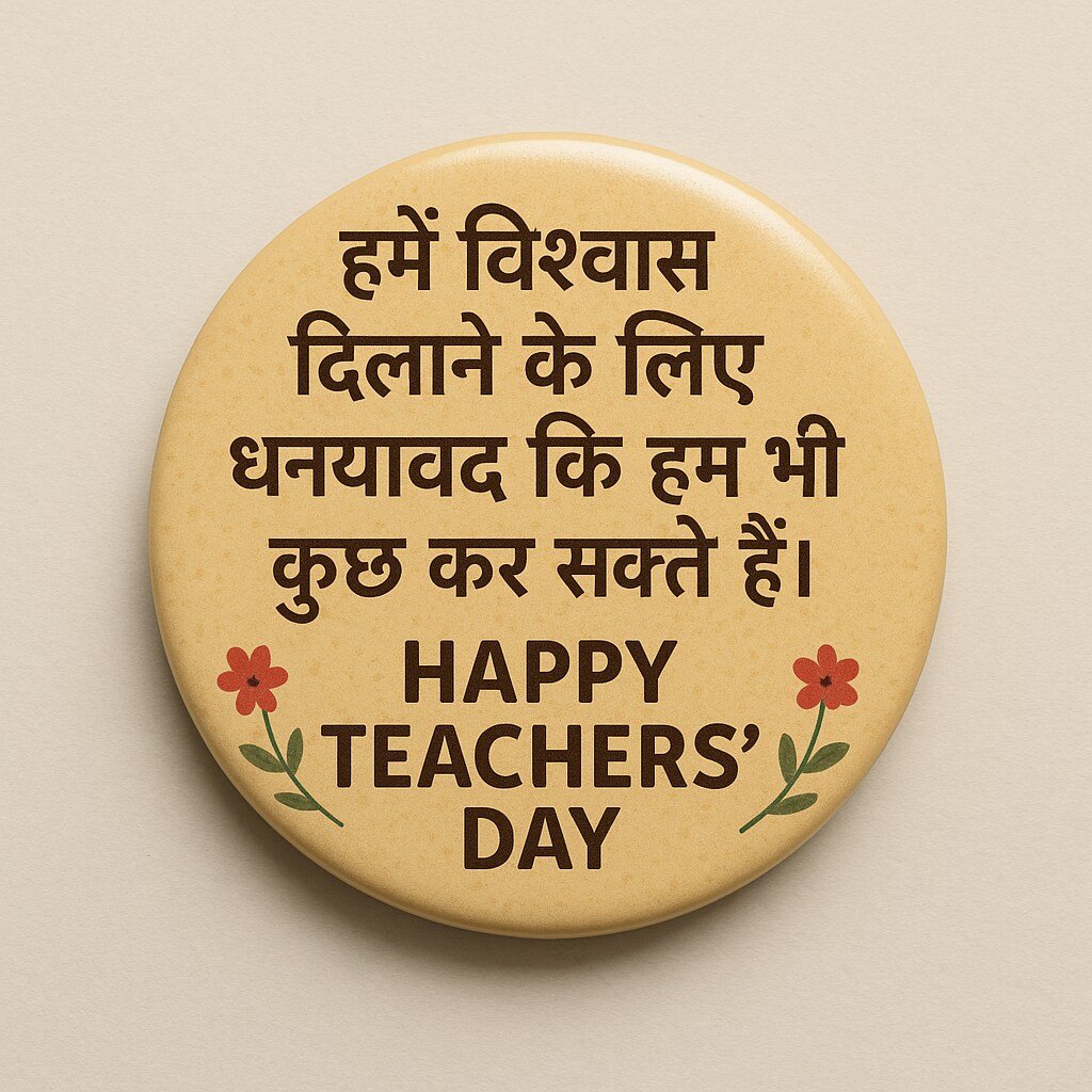 Teachers’ Day Wishes 2 Round Teachers’ Day pin with Hindi quote “हमें विश्वास दिलाने के लिए धन्यवाद कि हम भी कुछ कर सकते हैं। हैप्पी टीचर्स डे।” decorated with small red flowers and leaves.