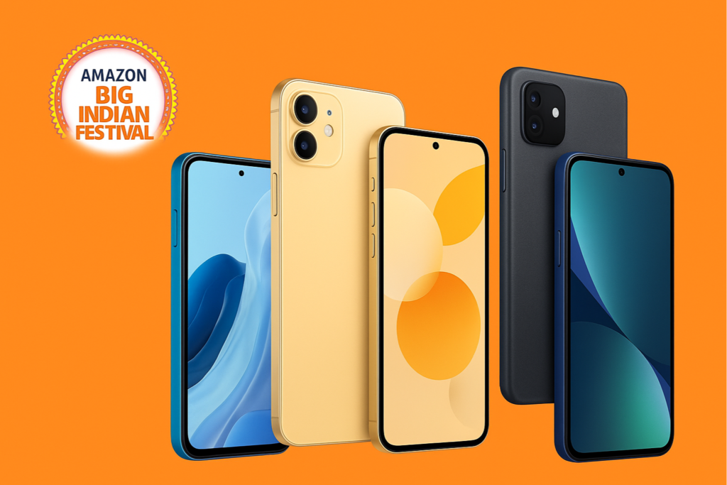 Amazon Big Indian Festival 2025 banner with smartphones on an orange background and festival logo in the top-left corner.