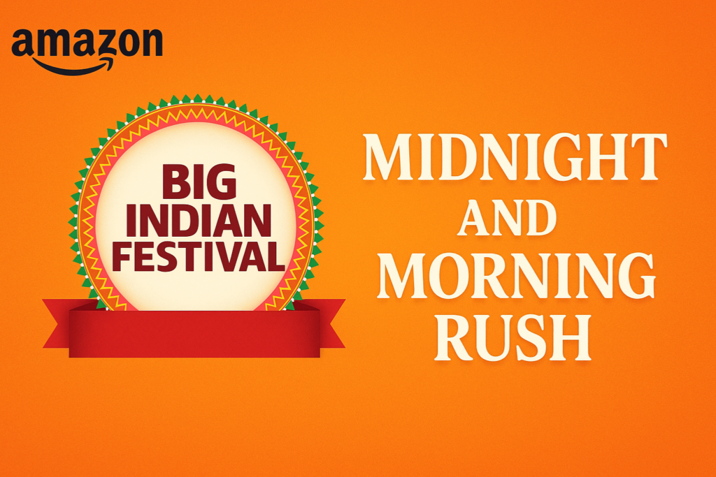 Amazon Big Indian Festival sale banner with orange background, Amazon logo on the top left, and bold text “Midnight and Morning Rush” in stylish font.