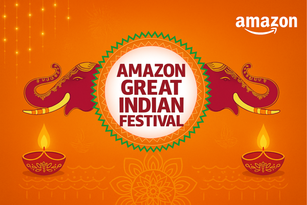 Festive Amazon Great Indian Festival 2025 banner with Amazon logo, decorative elephants, colorful patterns, and a bold “Shop Now” button.