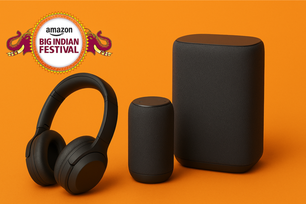 Amazon Big Indian Festival 2025 banner with wireless headphones and smart speakers on an orange background, festival logo in the top-left corner.