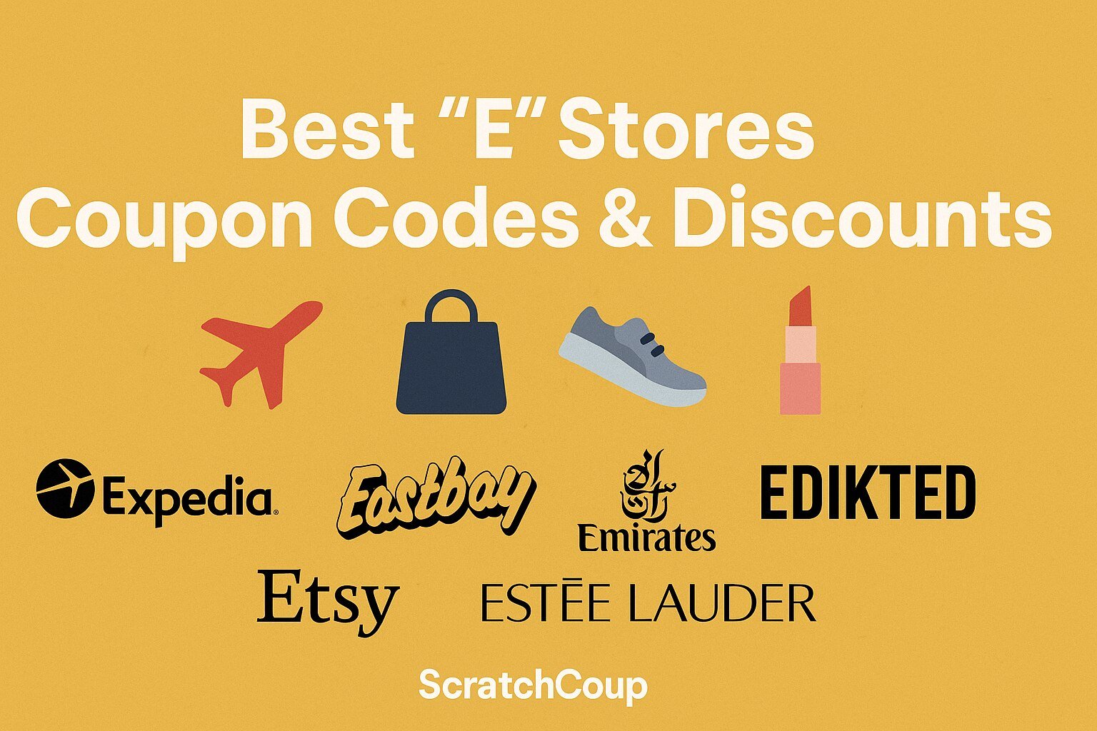 Feature image showing Best E Stores Coupon Codes & Discounts with logos of Expedia, Eastbay, Emirates, Edikted, Etsy, and Estee Lauder, branded with ScratchCoup.