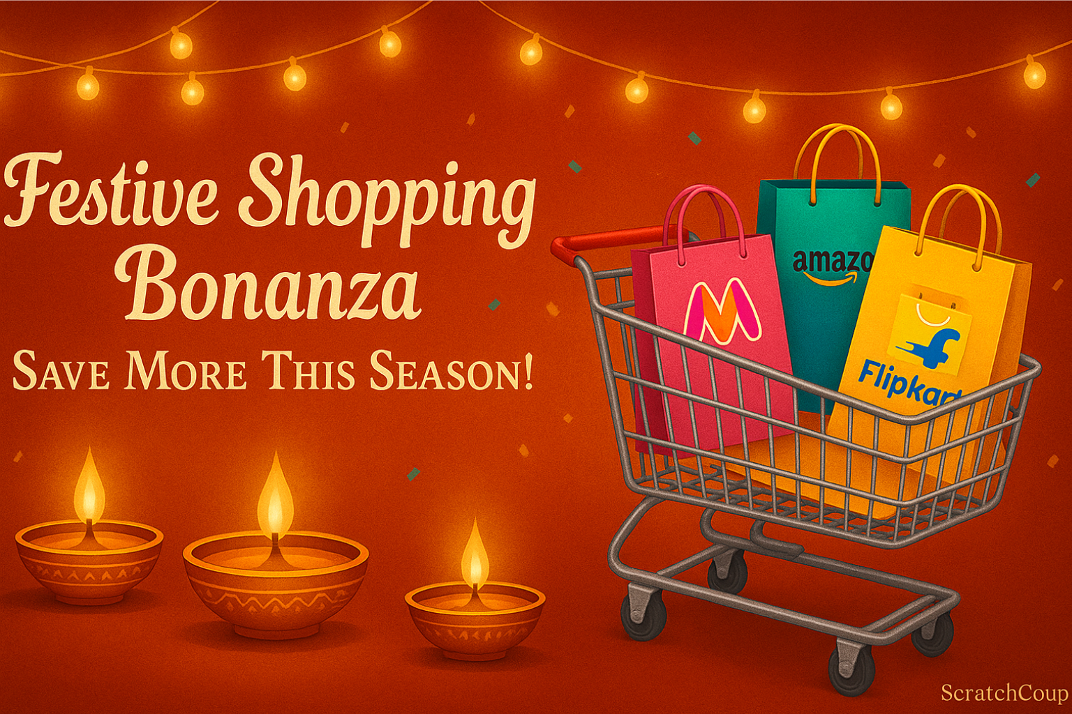 Festive shopping sale banner with a cart full of Myntra, Amazon, and Flipkart bags, glowing diyas, decorative lights, and the text “Festive Shopping Bonanza – Save More This Season!”