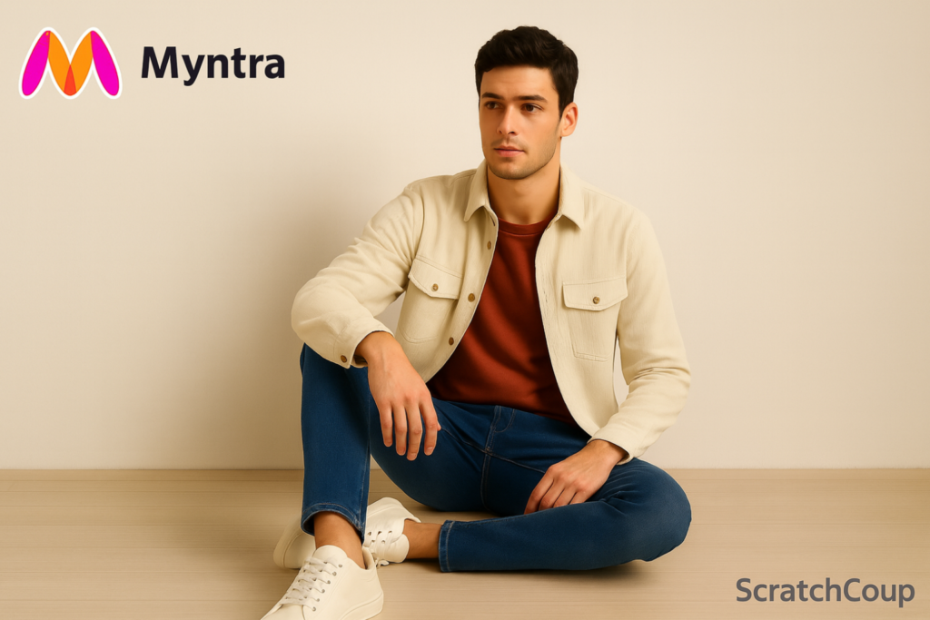 Men’s casual wear with sneakers, Myntra logo top, ScratchCoup bottom.