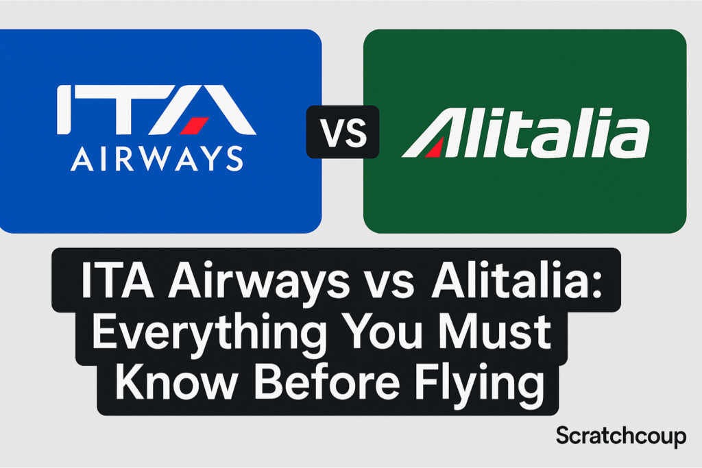 Comparison-themed image with ITA Airways and Alitalia branding, showing a modern suitcase at the airport, highlighting the differences between the two airlines.