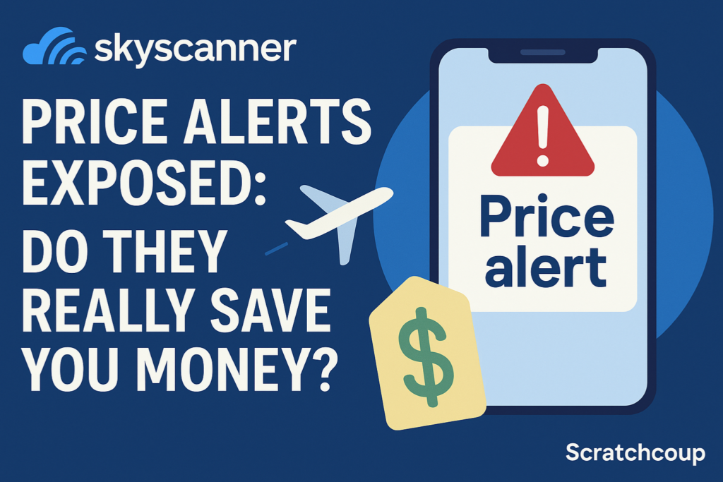Illustration of Skyscanner price alerts with a phone notification, airplane icon, and dollar sign tag. Text reads “Price Alerts Exposed: Do They Really Save You Money?” with Skyscanner logo top-left and ScratchCoup branding bottom-right.