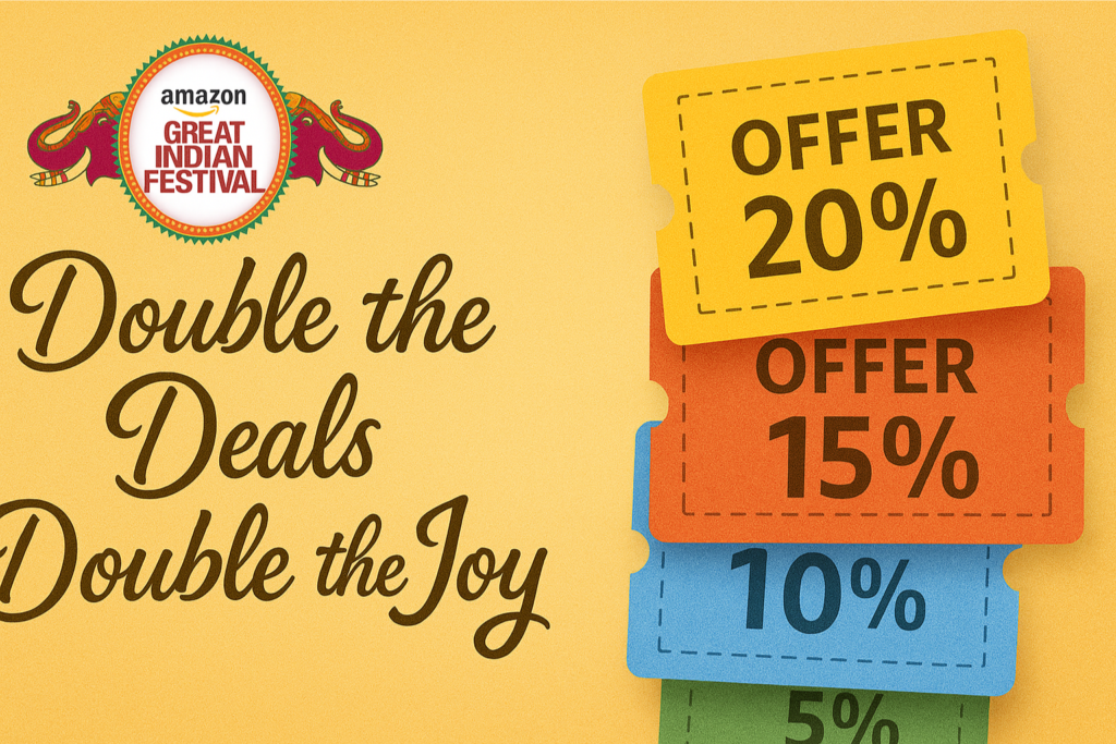 Colorful shopping bags, gift boxes, and discount tags representing double deals and joyful savings.