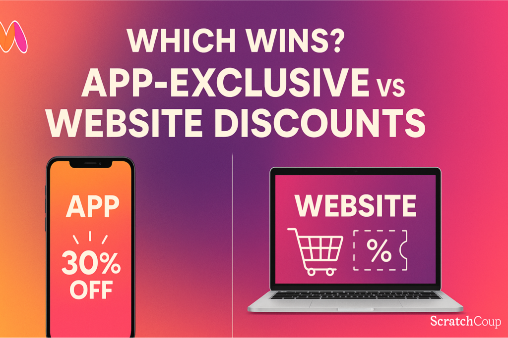 Promotional graphic comparing App Exclusive vs Website Discounts, showing shopping icons, price tags, and savings visuals, highlighting the competition between mobile app deals and website offers with ScratchCoup branding.