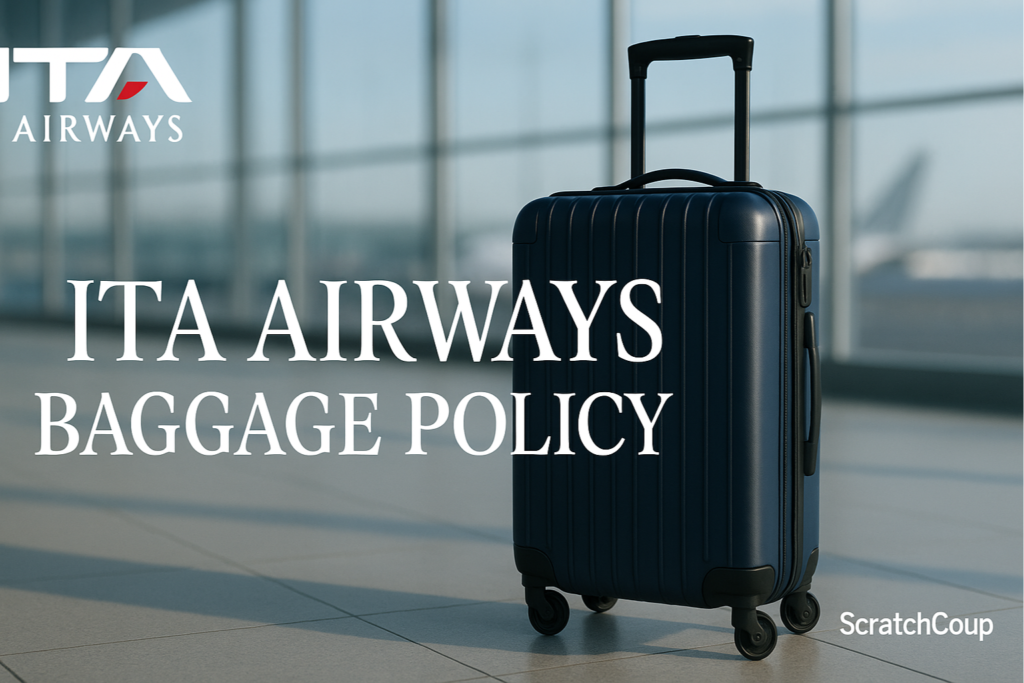 Stylish navy trolley bag at an airport terminal with ITA Airways logo and “ITA Airways Baggage Policy” text, designed by ScratchCoup.