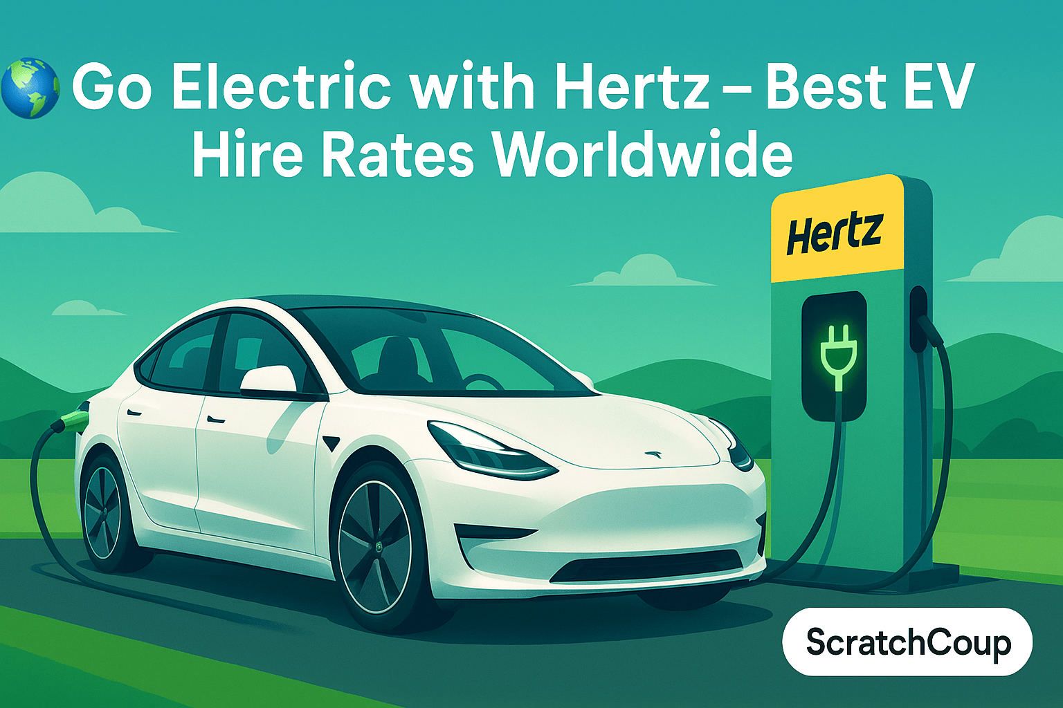 White electric car charging at Hertz EV station with eco-friendly scenic background.