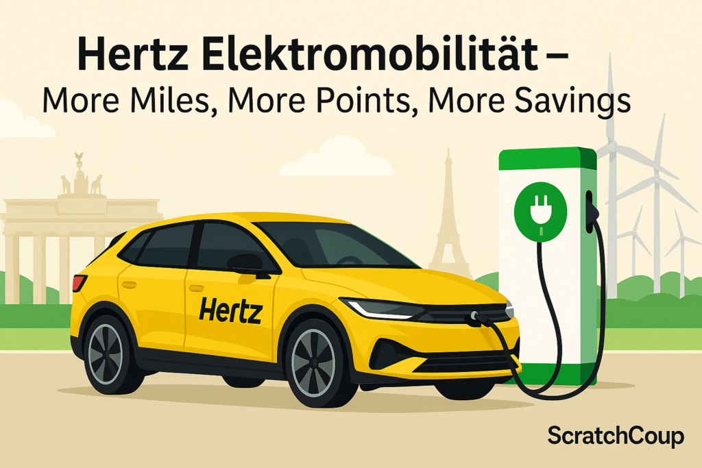Hertz Germany Elektromobilität – Double Rewards Points Yellow Hertz electric car charging in Europe with landmarks in the background.
