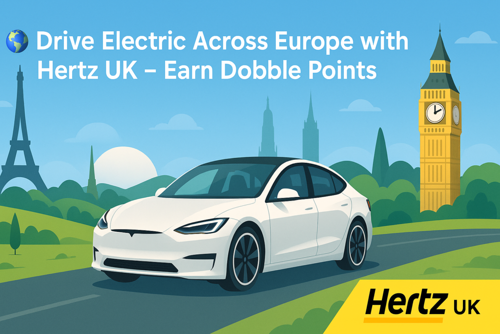 Hertz UK EV Rentals – Drive Electric Across Europe & Earn Double Rewards | ScratchCoup White electric car driving past Big Ben and the Eiffel Tower, promoting Hertz UK EV rentals with double Gold Plus Rewards points.
