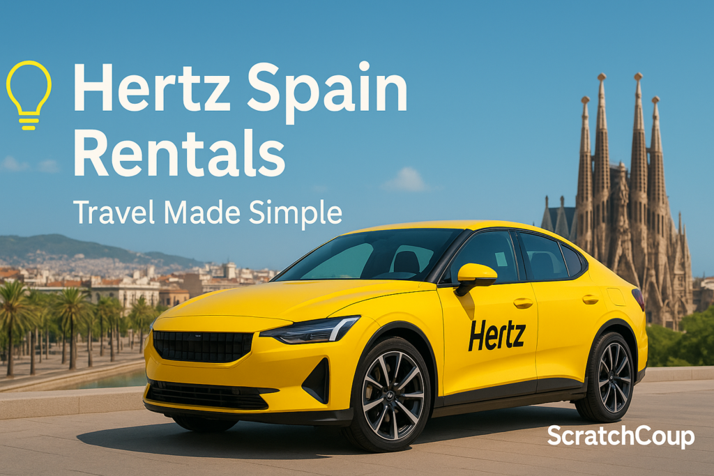 Hertz Spain Rentals – Travel Made Simple Bright yellow Hertz rental car parked in front of Barcelona’s Sagrada Família, promoting Hertz Spain car hire with the slogan “Travel Made Simple.”
