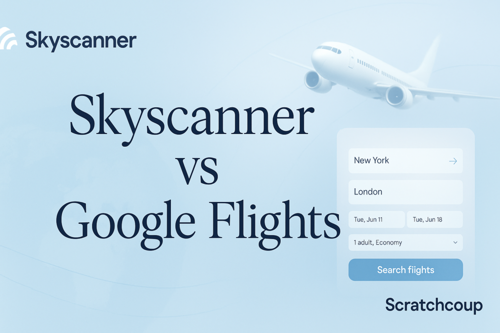 Modern comparison image showing Skyscanner vs Google Flights with travel elements like airplane, flight booking interface, Skyscanner logo top-left, and ScratchCoup branding bottom-right on a clean blue background.