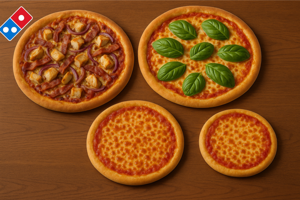 Delicious Domino’s Pizzas – Texas BBQ, Margherita & Cheese Classics | ScratchCoup A freshly baked Domino’s pepperoni pizza in an open box held outside a Domino’s UK outlet, with the Domino’s logo visible at the top-left.