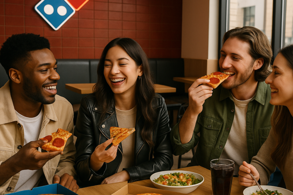 Customers Enjoying Pizza at Domino’s Outlet – ScratchCoup Group of friends happily eating pizza and salad inside a stylish Domino’s restaurant with modern interior lighting.