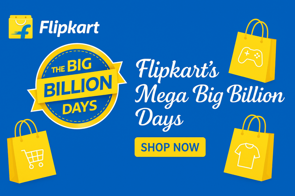 Flipkart Big Billion Days banner with Flipkart logo, blue background, yellow shopping bags, and a bold “Shop Now” CTA.