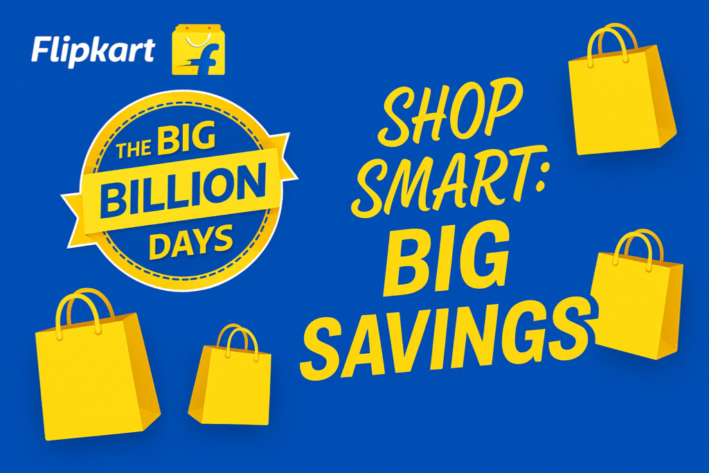 Flipkart Big Billion Days sale banner with blue background, Flipkart logo in the top left, stylish yellow text “Be Smart with Bank Offers,” yellow shopping bags, and Big Billion Days emblem.