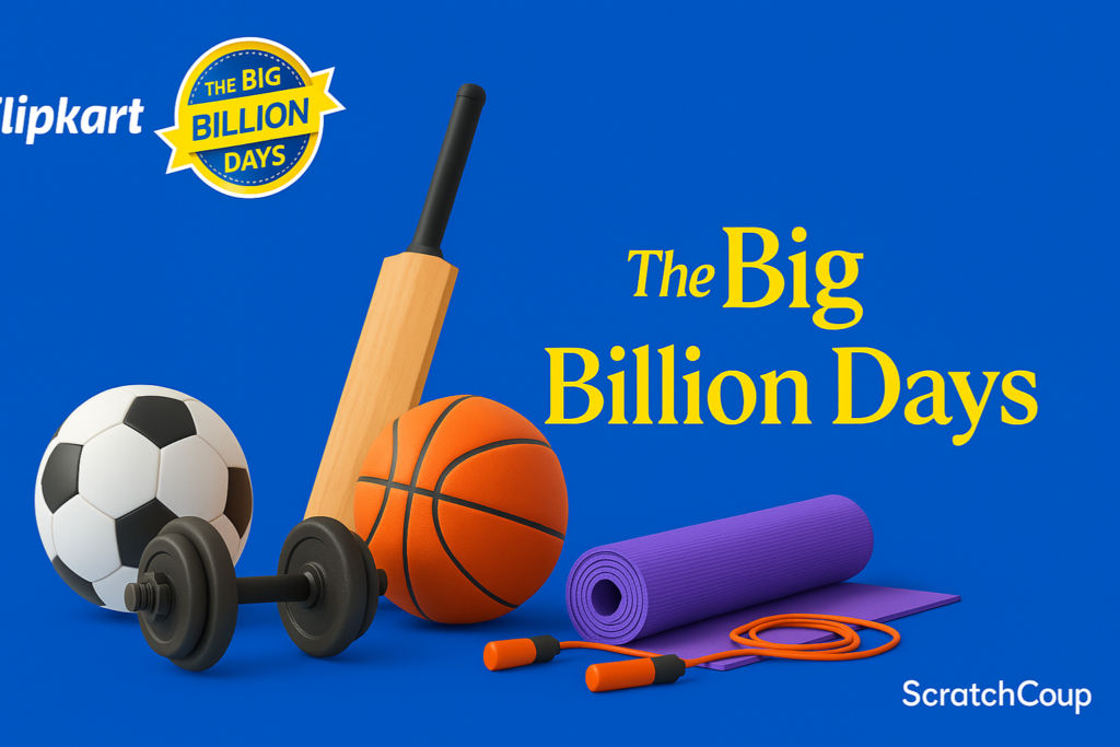 Flipkart Big Billion Days blog banner with blue background, featuring sports and fitness items including football, cricket bat, basketball, dumbbell, yoga mat, and skipping rope, with Flipkart logo top-left and ScratchCoup branding bottom-right.