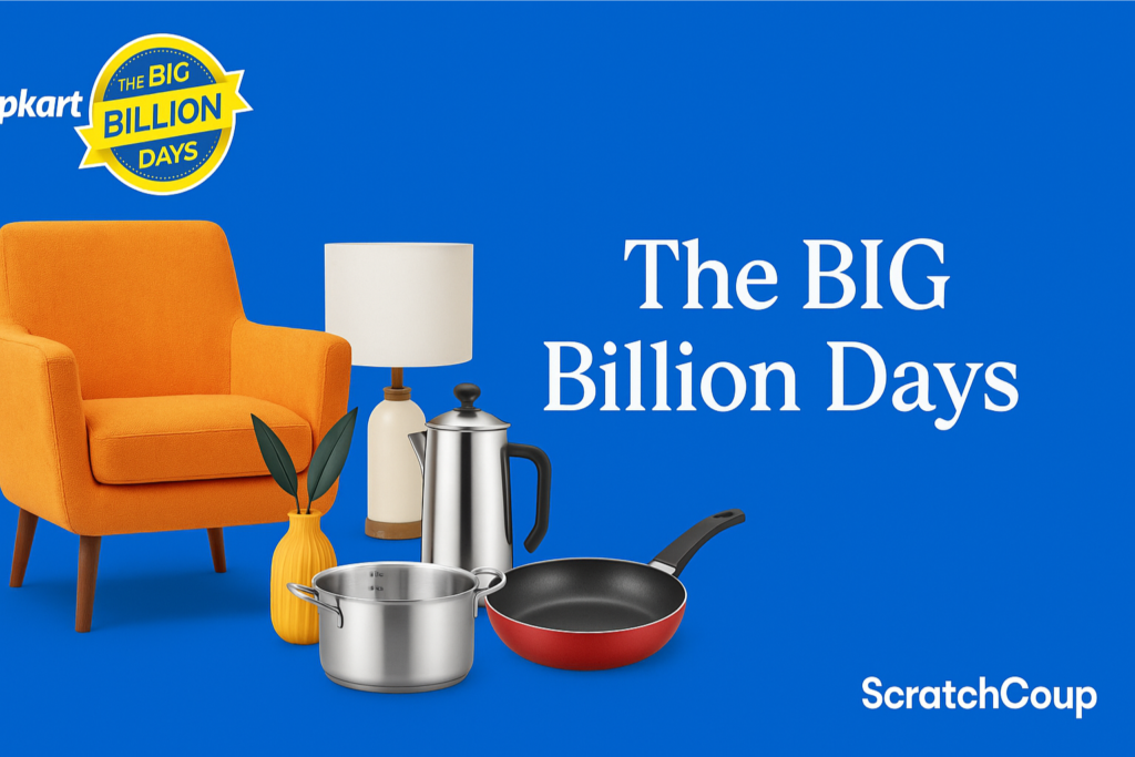Flipkart Big Billion Days blog banner with blue background featuring homeware and kitchen items including an orange armchair, lamp, vase, cookware, and coffee pot, with Flipkart logo top-left and ScratchCoup branding bottom-right.