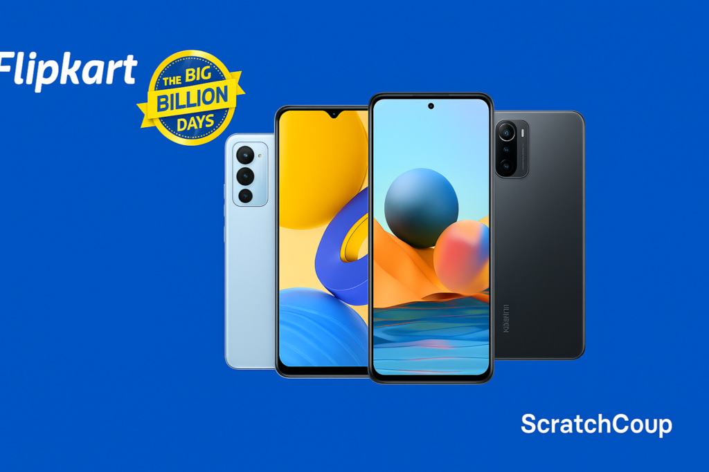 Flipkart Big Billion Days blog image with blue background, Flipkart logo top-left, and smartphones displayed in the center with ScratchCoup branding.