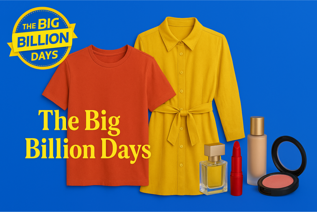 Flipkart Big Billion Days blog banner with blue background, apparel items (red T-shirt, yellow dress), beauty products (perfume, lipstick, compact), and Big Billion Days text highlighted top-left.