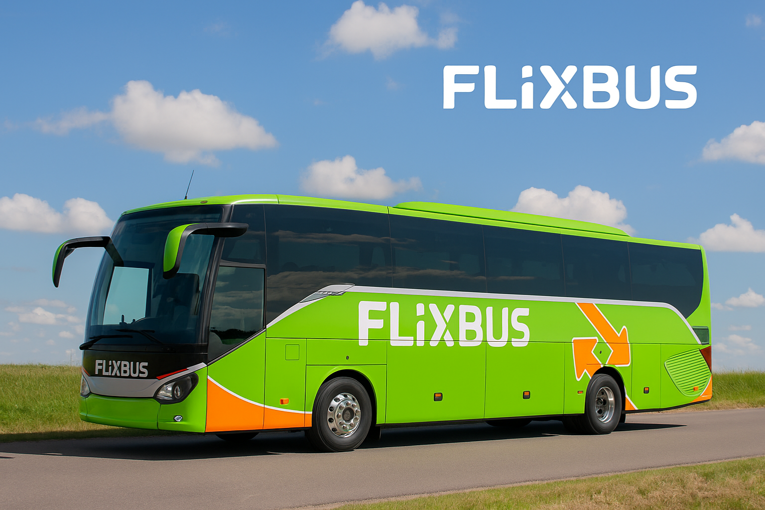 A bright green FlixBus coach with orange accents is parked on a road under a blue sky with scattered clouds. The FlixBus logo is visible on the bus side and in the top right corner of the image.