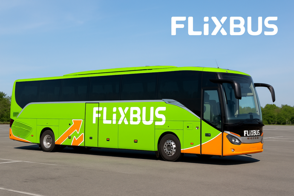 Realistic image of a bright green FlixBus parked in an open area with the FlixBus logo on the top right corner under a clear blue sky.