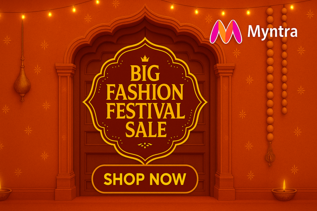 Horizontal festive sale banner with Myntra logo, glowing lights, decorative arch, traditional diyas, and bold text “Big Fashion Festival Sale” with a golden “Shop Now” button.