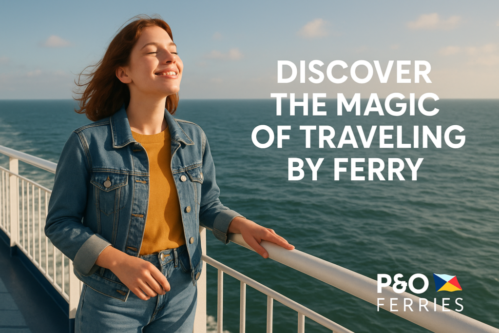 Young woman enjoying the breeze on a P&O Ferry deck, smiling under the sun with the ocean in the background, representing a joyful travel experience.