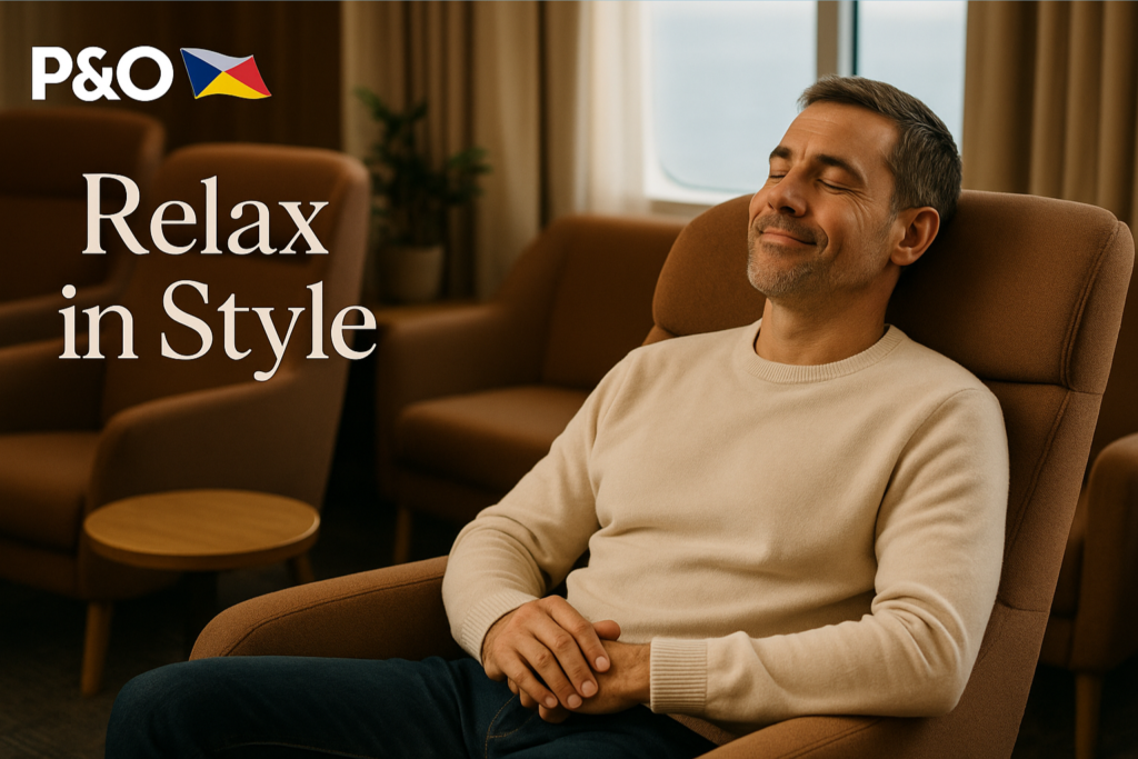 A man relaxing in the PO Ferries lounge, seated comfortably in a modern chair with natural light from the ferry window, showcasing the onboard comfort experience.