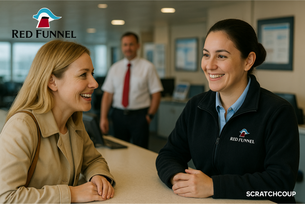 Red Funnel staff member smiling while assisting a passenger at the ferry terminal counter, showcasing excellent customer service.