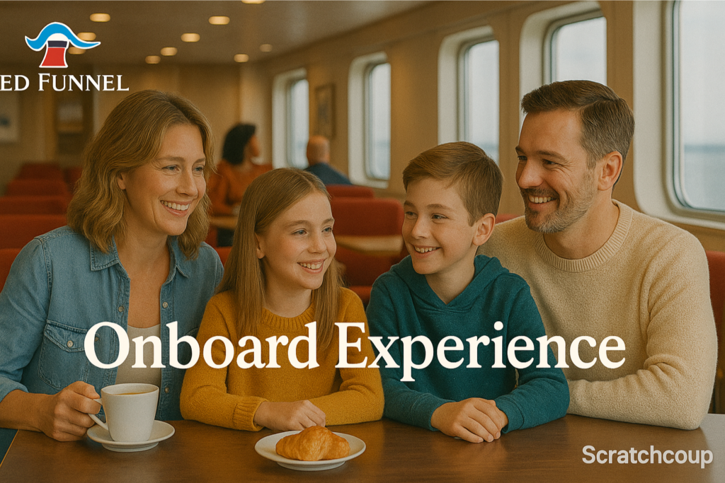 A smiling family of four enjoying Red Funnel’s onboard lounge with sea views, highlighting comfort and relaxation during the ferry journey. Red Funnel logo at the top left and ScratchCoup branding at the bottom right.