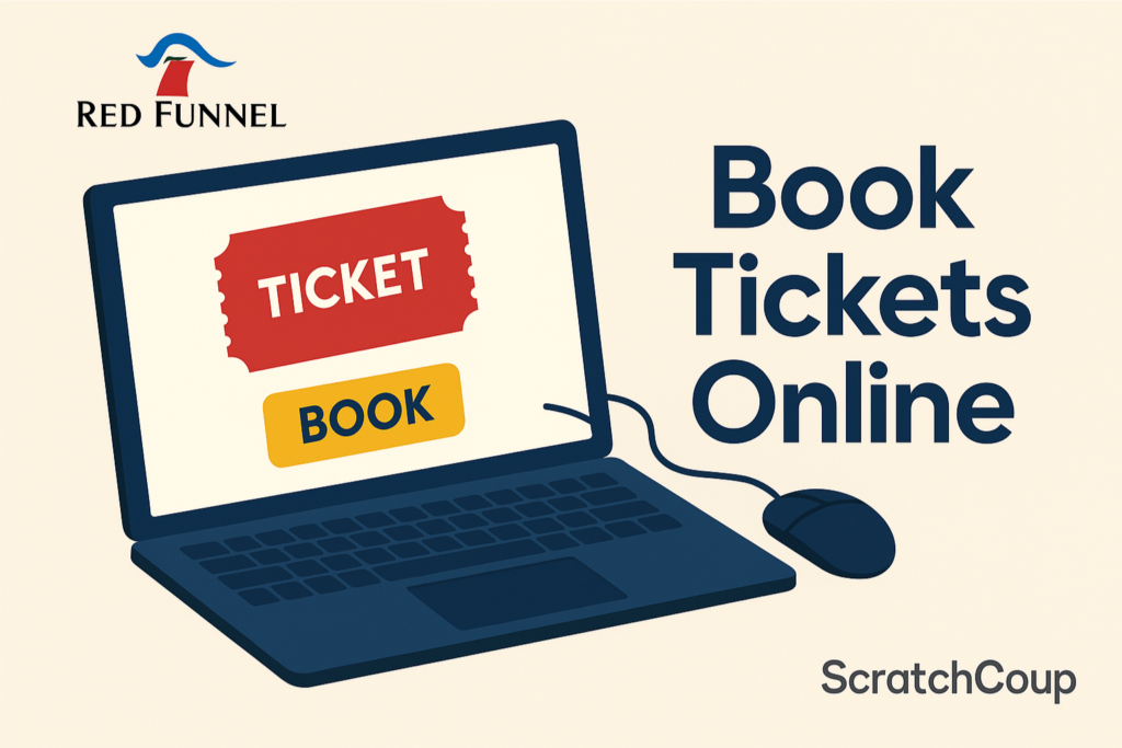 Illustration of a laptop screen with a booking button and Red Funnel logo, promoting online ferry ticket booking with ScratchCoup branding.