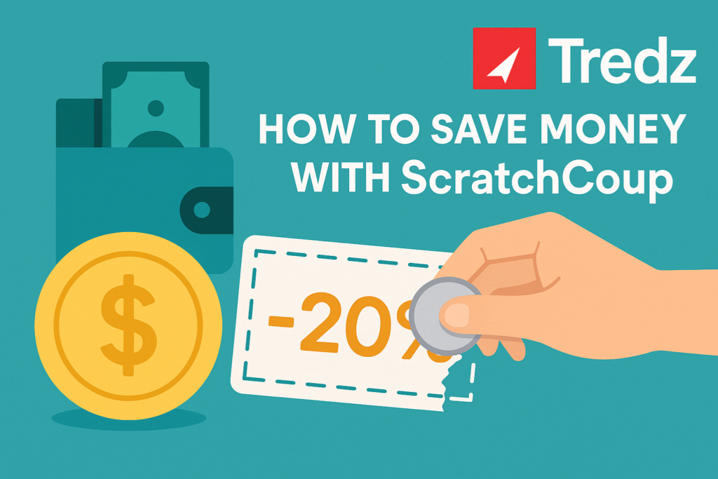 Illustration showing how to save money with ScratchCoup and Tredz, featuring a wallet, gold coin, and a hand scratching a discount coupon with the Tredz logo in the top right corner.