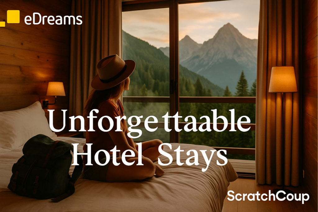Traveler relaxing in a cozy hotel room with mountain views at sunset, featuring eDreams and ScratchCoup branding with the caption “Unforgettable Hotel Stays.”