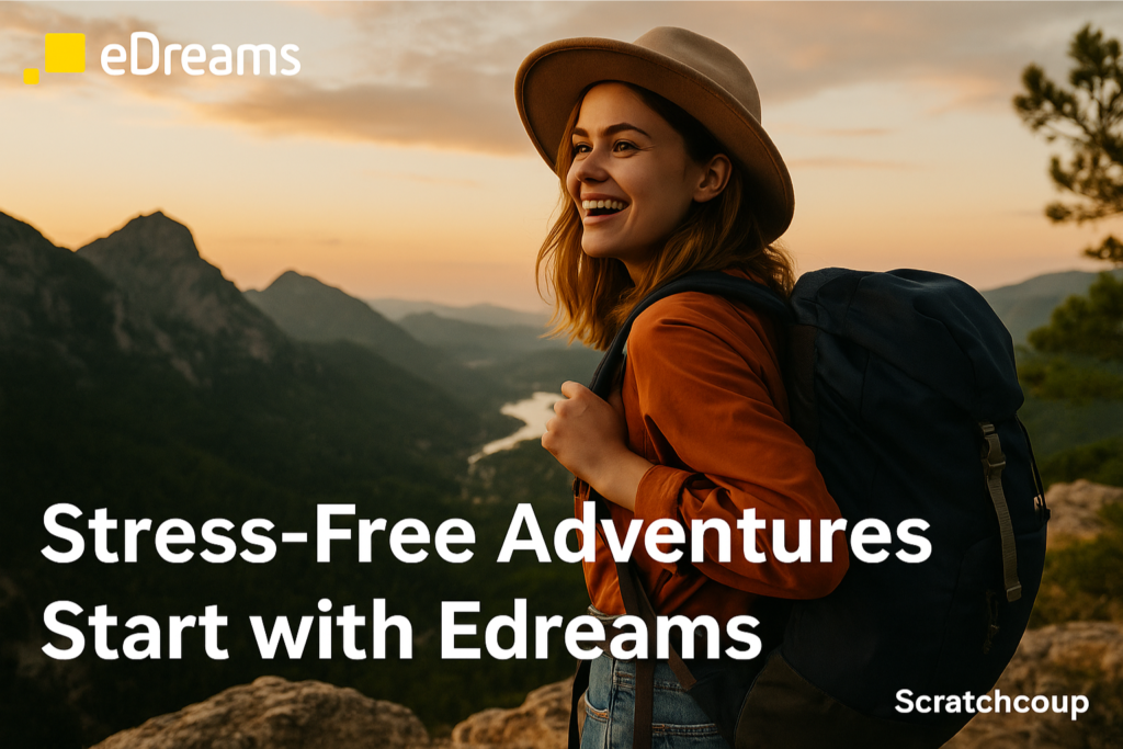 Smiling female traveler with a backpack standing on a mountain overlook at sunset, Edreams logo top-left, ScratchCoup branding bottom-right.