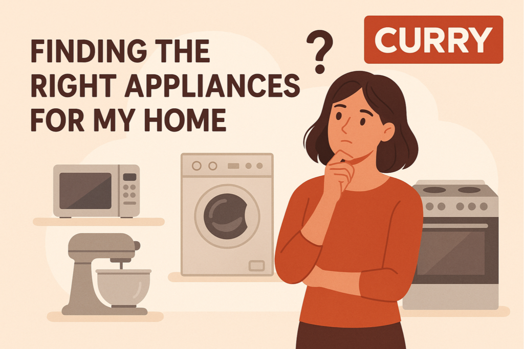 Illustration of a woman thinking about choosing home appliances with Curry logo, surrounded by a washing machine, microwave, and mixer, representing finding the right appliances for home.