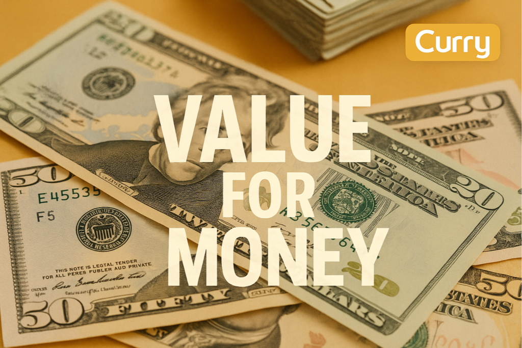 Curry Value for Money banner featuring the Curry logo, text overlay, and cash background symbolizing affordability and savings on home appliances.