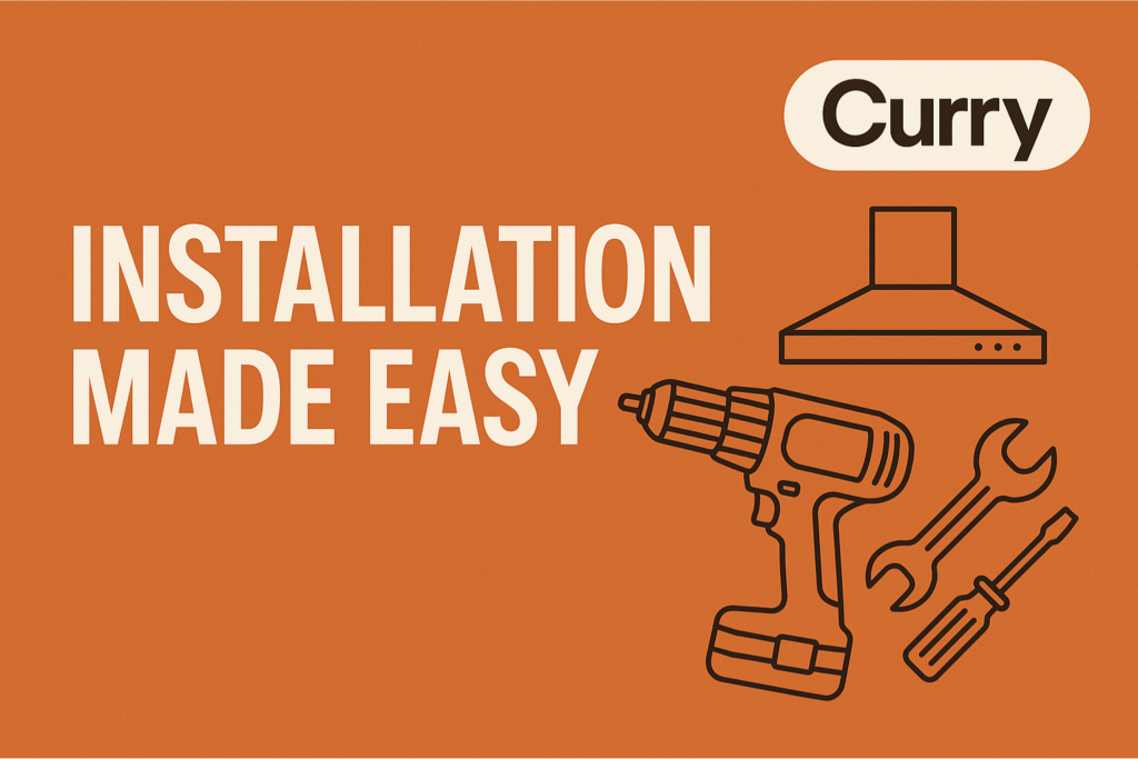 Curry brand banner with the slogan “Installation Made Easy,” featuring a drill, wrench, and home appliance icons on an orange background with the Curry logo in the top right corner.