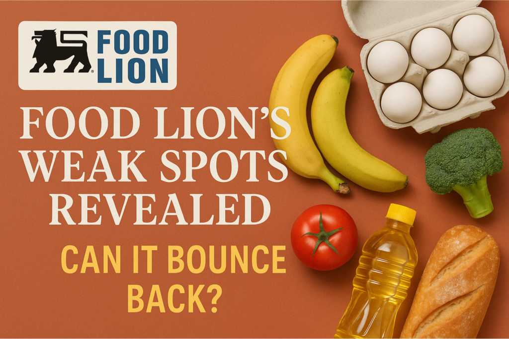 A stylish banner showing the Food Lion logo with grocery items like bananas, eggs, bread, and vegetables beside the bold text “Food Lion’s Weak Spots Revealed – Can It Bounce Back?” on a warm background.