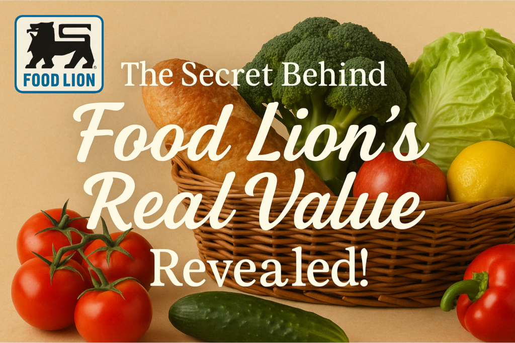 “Basket of fresh produce with Food Lion logo and text ‘The Secret Behind Food Lion’s Real Value Revealed’ showcasing the brand’s focus on quality and savings.”