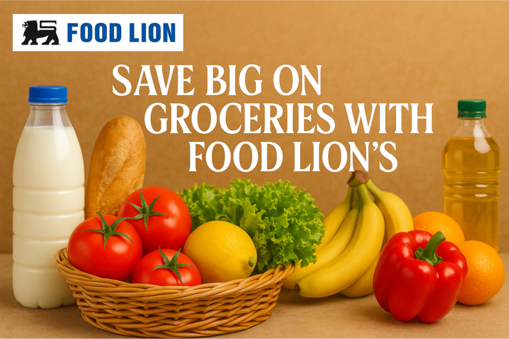 Basket of fresh groceries including tomatoes, bananas, and lettuce with the Food Lion logo and the text “Save Big on Groceries with Food Lion’s Latest Offers.”
