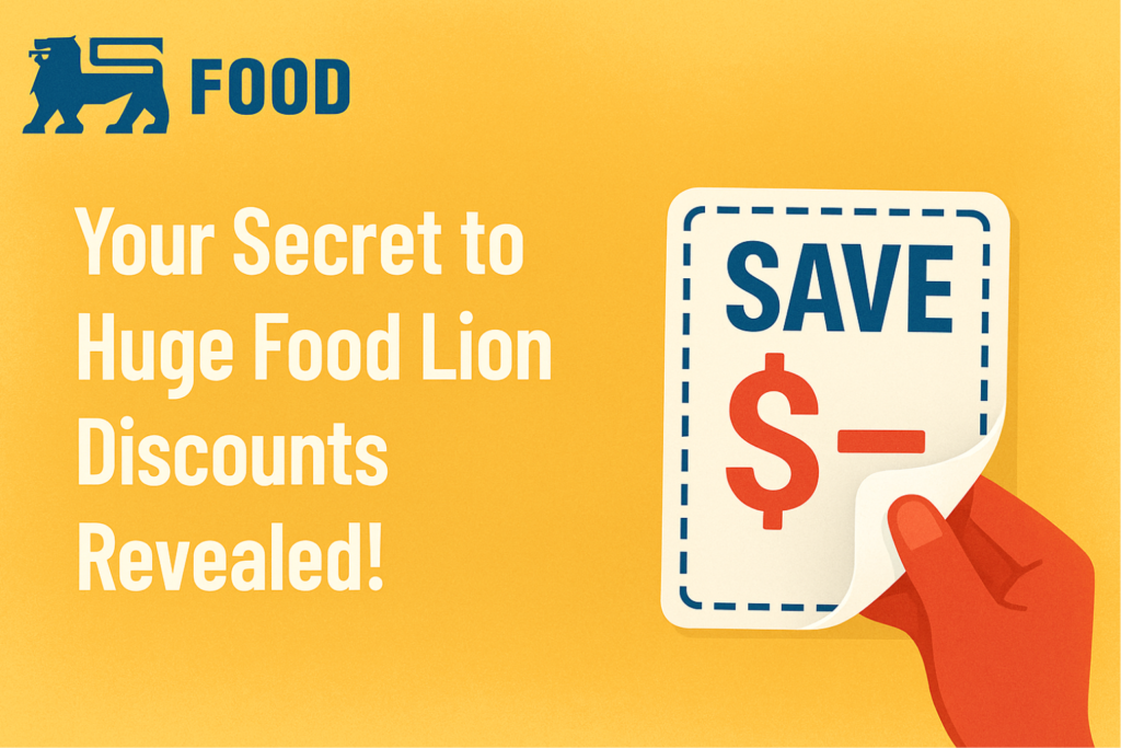 A promotional Food Lion coupon graphic with the Food Lion logo and headline “Your Secret to Huge Food Lion Discounts Revealed” on a bright yellow background, created by ScratchCoup.