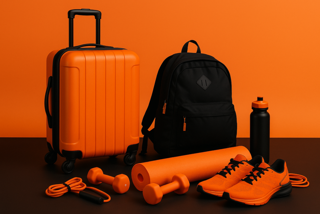 Horizontal Black Friday–themed image featuring an orange suitcase, black backpack, orange dumbbells, jump rope, yoga mat, sports shoes, and a black water bottle arranged neatly against an orange and black background.