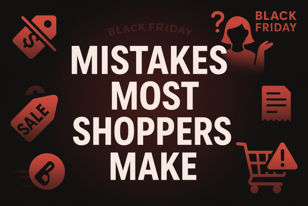 Wide Black Friday banner with bold headline ‘Mistakes Most Shoppers Make’ in the center, surrounded by red icons including crossed-out price tags, a confused shopper silhouette, a receipt icon, and a shopping cart with a warning sign on a black and red gradient background.
