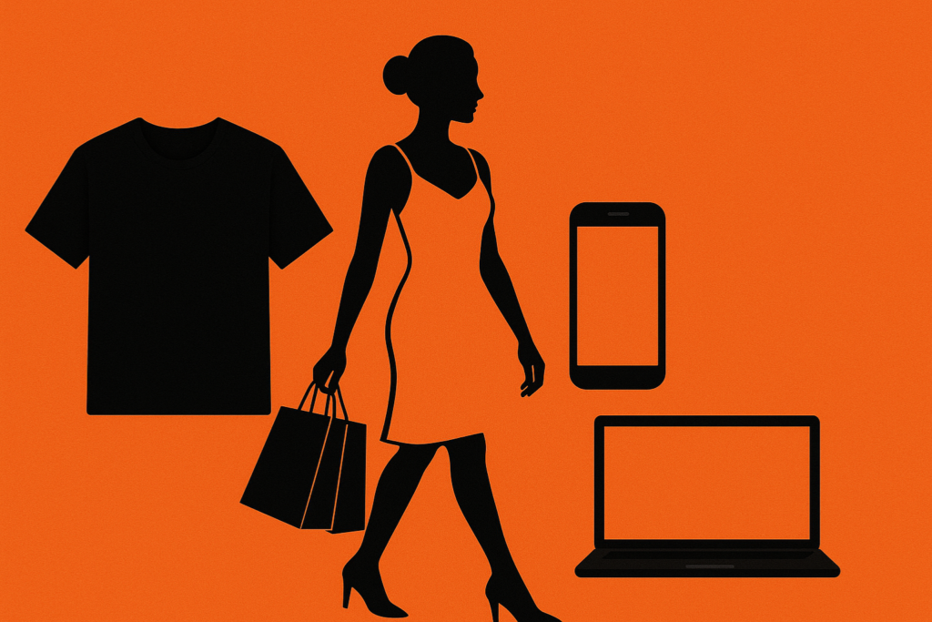 “Horizontal Black Friday-themed image with orange background featuring black silhouettes of a woman shopping, a t-shirt, a smartphone, and a laptop representing fashion and electronics.”
