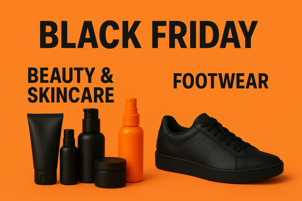 Black Friday promotional banner with an orange background featuring black beauty and skincare product bottles on the left and a black sneaker on the right, with bold black text reading “Black Friday,” “Beauty & Skincare,” and “Footwear.”