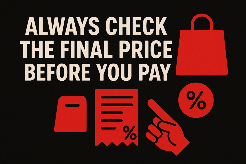Horizontal red and black banner displaying the message “Always Check the Final Price Before You Pay,” with simple red icons including a shopping bag, receipt, percentage symbol, and pointing hand for a clear and attractive visual.